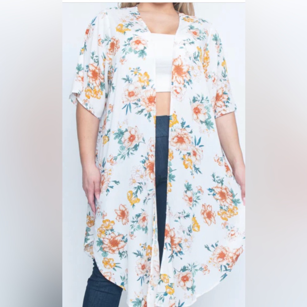 NWOT Ivory Floral Plus Size Long Duster Cardigan